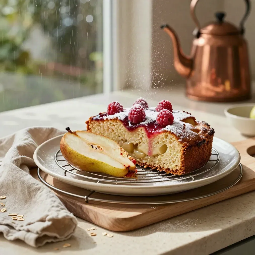Torta di pere e mele con lamponi su gratella e piatto ceramico, luce calda in cucina