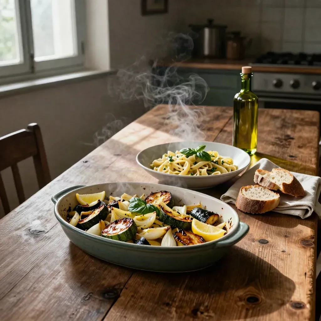 Teglia di verdure arrosto, pasta fumante, pane rustico e limoni su tavolo di cucina