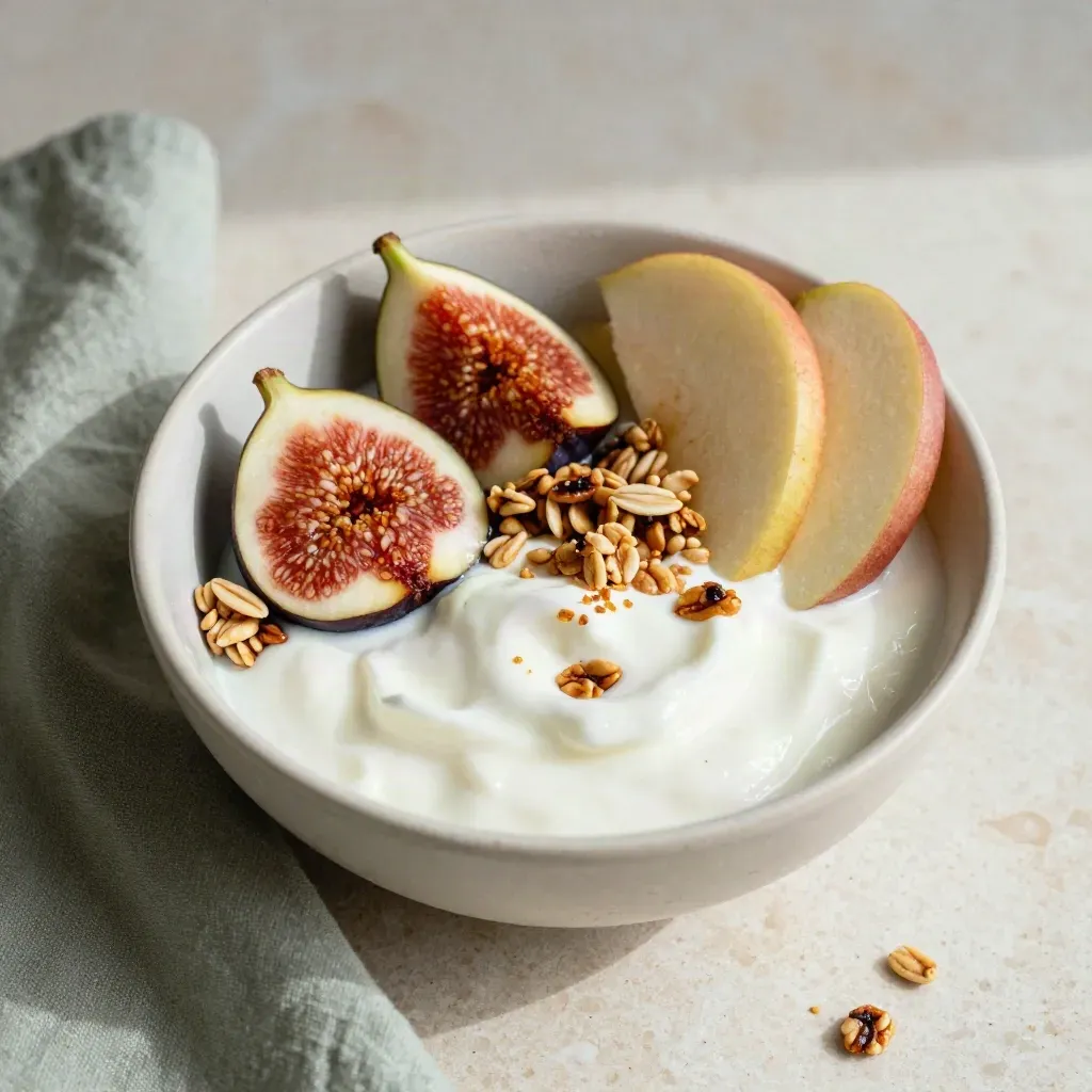 Ciotola di yogurt con fichi, granola e mele su travertino chiaro, colazione fresca.