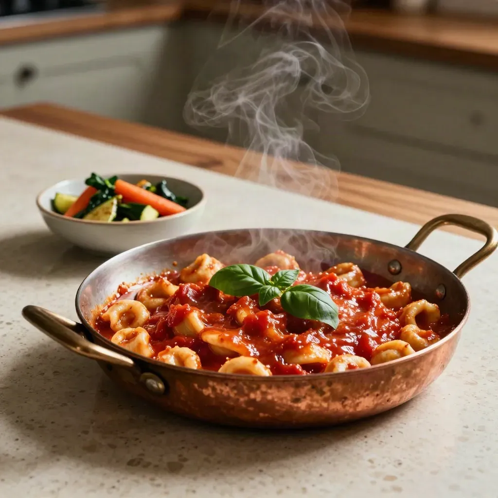 Padella con gnocchi al pomodoro e ciotola di verdure cotte, luce drammatica