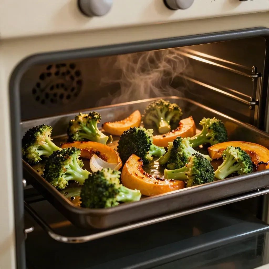 Teglia di verdure nel forno: broccoli, zucca e cipolle che caramellano lentamente.