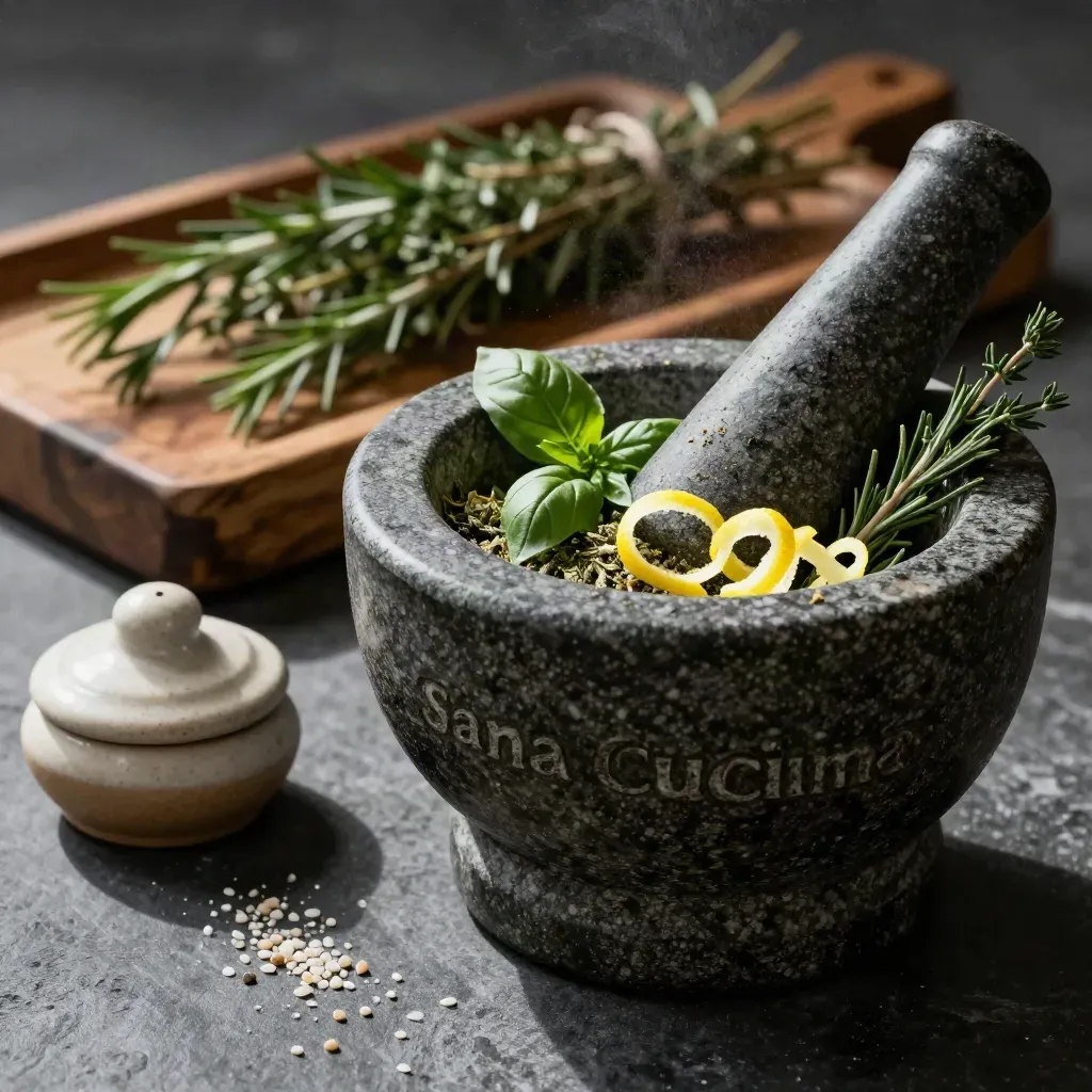 Mortaio in pietra con erbe aromatiche, scorza di limone e vasetto di sale su banco scuro