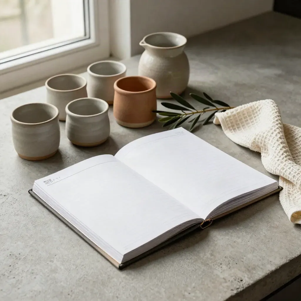 Planner da cucina, sette contenitori in gres, rametto d’ulivo e strofinaccio crema su piano opaco.
