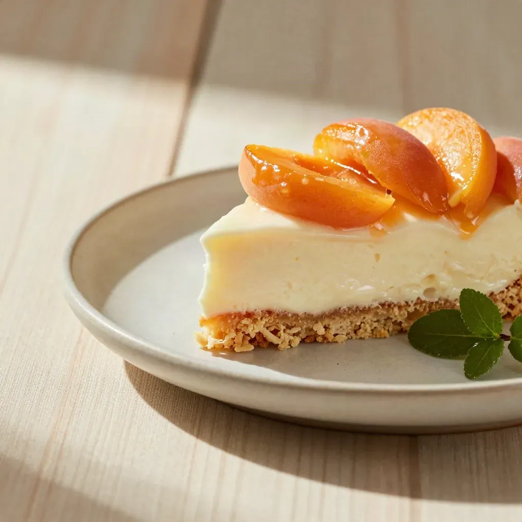 Torta allo yogurt con albicocche su piatto in ceramica, con rametto verde e briciole soffici.