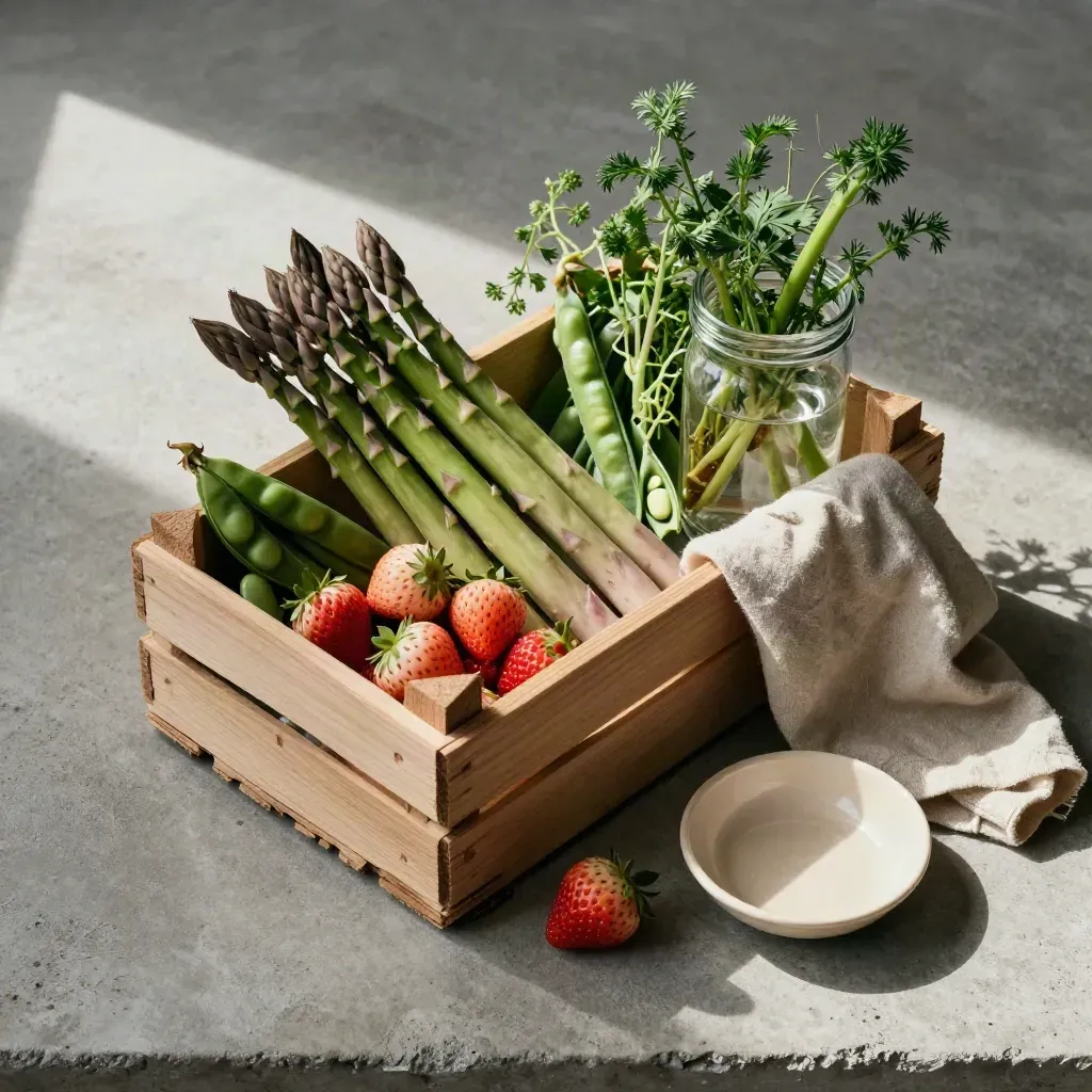 Cassetta di legno con asparagi, fragole, fave, erbette e vasetto di vetro su cemento chiaro.
